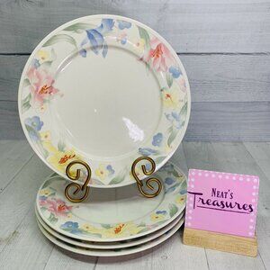90's Lynn's China JULIE Yellow Purple Pink Floral  Rim China Dinner Plates Set 4